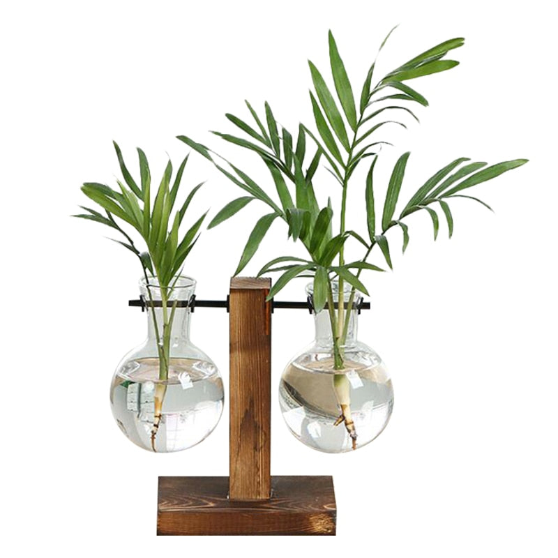 Vintage Terrarium Hydroponic Plant Vases: Transparent Glass with Wooden Frame for Home Bonsai Decor