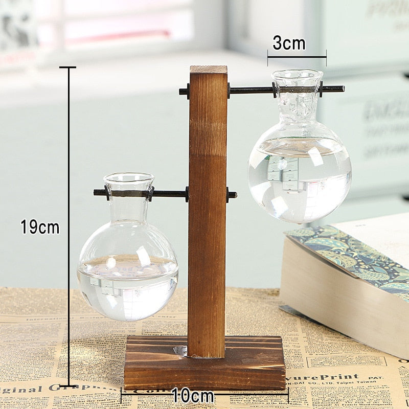 Vintage Terrarium Hydroponic Plant Vases: Transparent Glass with Wooden Frame for Home Bonsai Decor