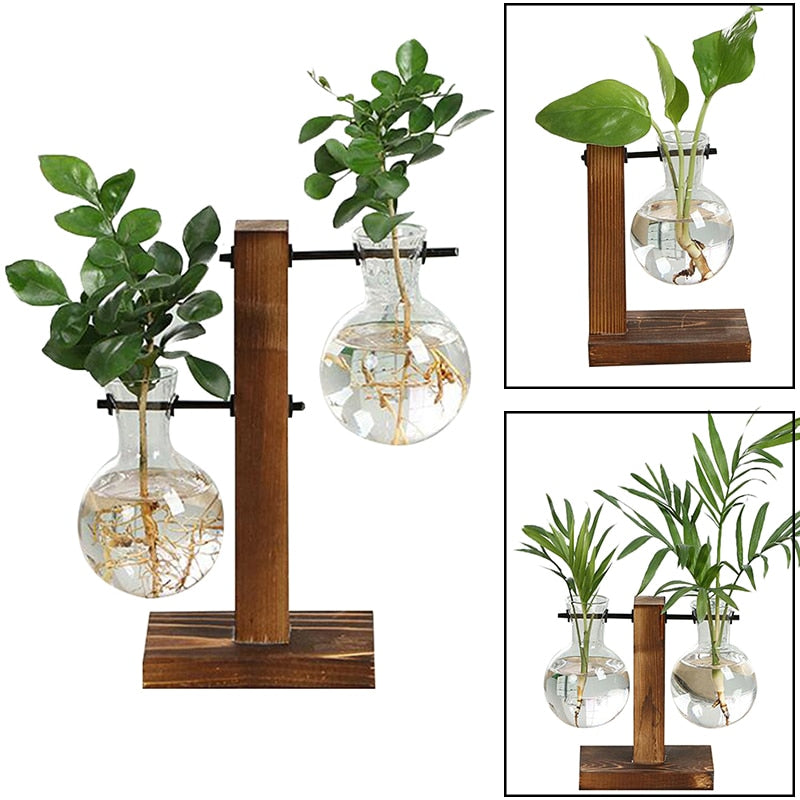 Vintage Terrarium Hydroponic Plant Vases: Transparent Glass with Wooden Frame for Home Bonsai Decor