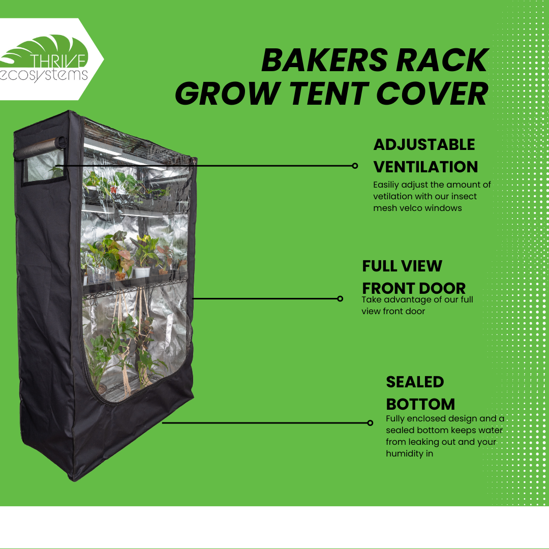 Bakers rack grow tent cover setup with LED grow lights for indoor plant growing