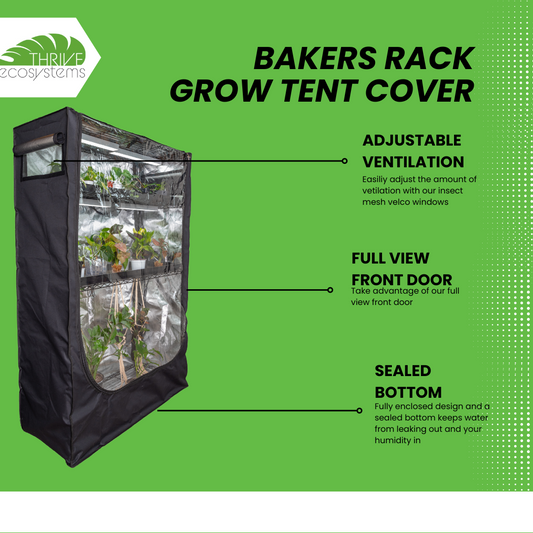 Bakers rack grow tent cover setup with LED grow lights for indoor plant growing